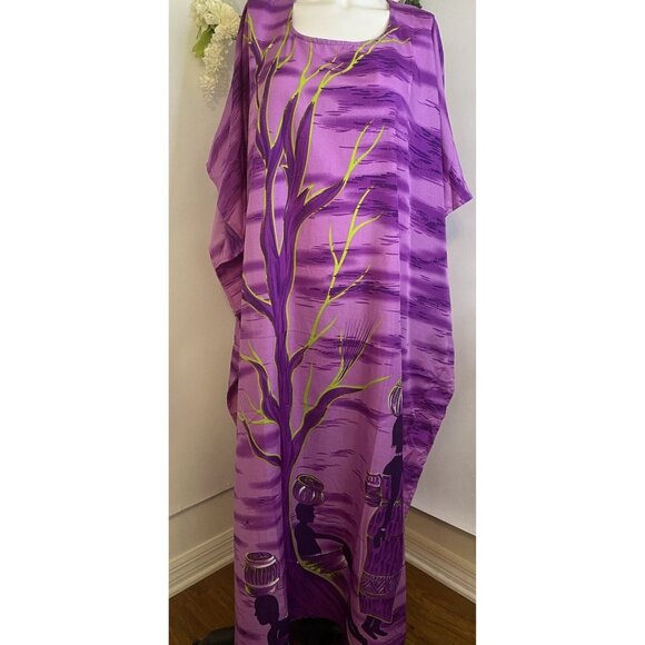 Vtg Metropolitan Purple African OS House Dress Kaftan V Neck Mrs. Roper Muumuu - Picture 2 of 16